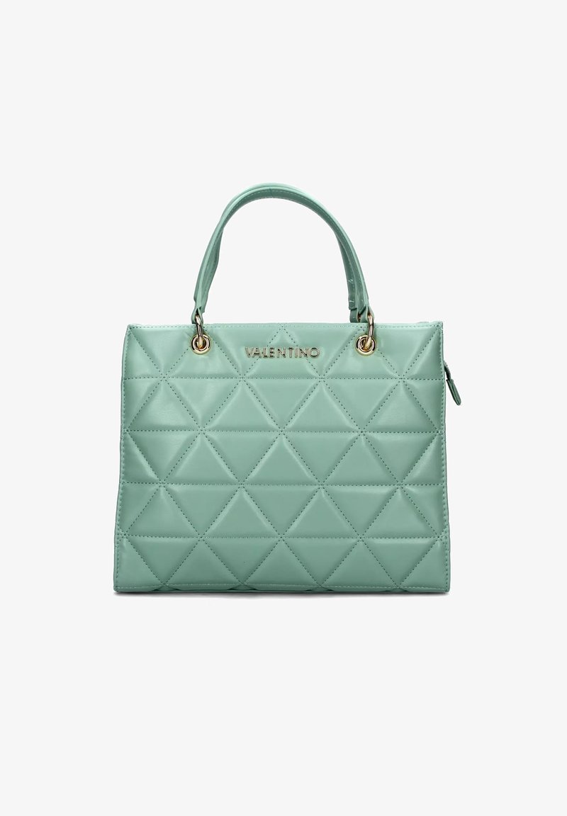Borsa a tracolla verde menta trapuntata con motivo a diamante, hardware dorato e doppio manico. Presenta il logo "VALENTINO" sul davanti.