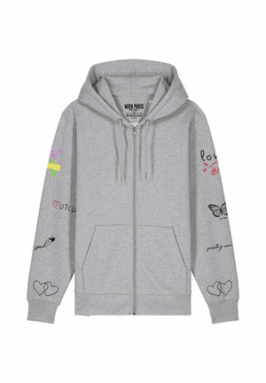 Pilka gobtuvu užsegama su užtrauktuku, turinti gaivių spalvotų grafinių dizainų ir tekstų abiejose rankovėse. Minkšta medžiaga, laisvas kirpimas ir kišenės priekyje.