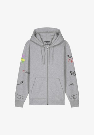 Siva jopa z zadrgo in kapuco z barvitimi grafičnimi motivi in besedilom na obeh rokavih. Mehka tkanina z ohlapnim krojem in sprednjimi žepi.