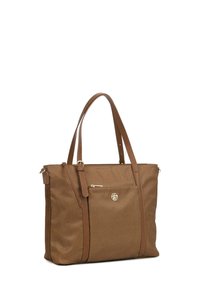 Borsa a spalla in tono marrone con texture, manici doppi, tasca frontale con zip e un logo dorato sul lato. Materiale liscio con un motivo sottile.