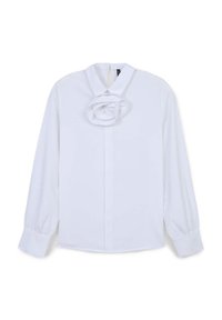 Camicia bianca a maniche lunghe con colletto alto. Presenta un dettaglio in rosa a strati e testurizzato sul davanti. Maniche con polsini; tessuto liscio.