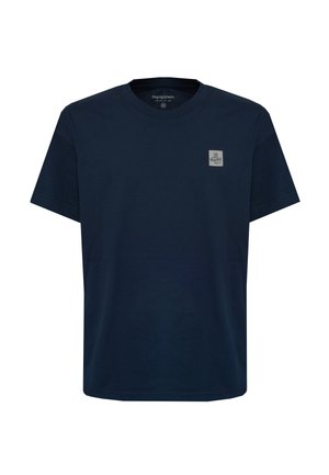 T-shirt in cotone blu navy con collo girocollo, maniche corte e un piccolo logo grigio stampato sul fronte. Tessuto morbido, vestibilità comoda.