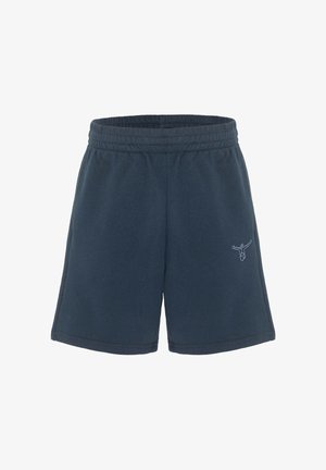 Navy blue elastic waist shorts with a small white logo on the lower left leg, made of soft fabric.
