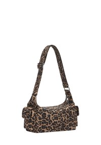 Borsa a spalla con stampa leopardata in beige e nero, caratterizzata da un design piatto, tracolla regolabile e tasca con zip con dettagli a pattina.