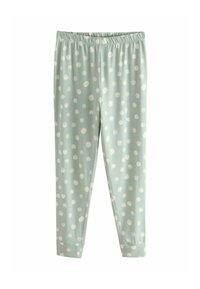 Helle blaue Schlafanzughose mit weißen Punkten, elastischem Bund und schmal zulaufenden Bündchen. Aus weichem Material für hohen Tragekomfort.