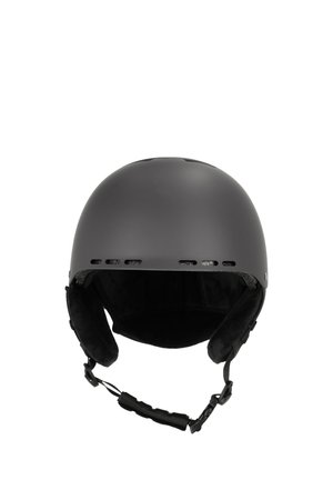 Casque noir mat de forme arrondie, avec une jugulaire réglable, un rembourrage intérieur doux et des ouvertures de ventilation sur le dessus.