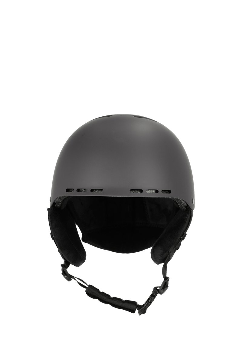 Mat sort hjelm med afrundet form, justerbar hagerem, blød polstring indvendigt og ventilationsåbninger i toppen.