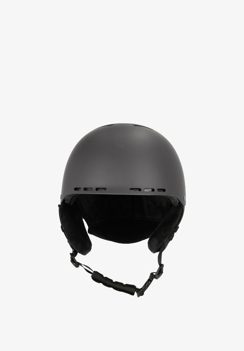 Mat sort hjelm med afrundet form, justerbar hagerem, blød polstring indvendigt og ventilationsåbninger i toppen.