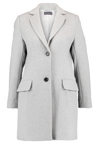 Gray wool blend coat with a notched collar, single front button, and two front pockets. The fabric has a textured, soft appearance.
