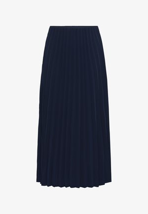 Navy pleated skirt made of lightweight fabric with an elastic waistband, featuring vertical folds for texture and movement.