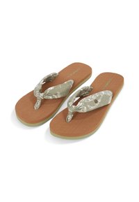 Infradito con una fascia in tessuto beige a motivo, soletta marrone texturizzata e suola in gomma verde chiaro, progettati per un uso casual.