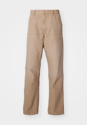 Pantaloni in cotone beige con design a gamba diritta, dotati di zip, stile a cinque tasche e una leggera texture.