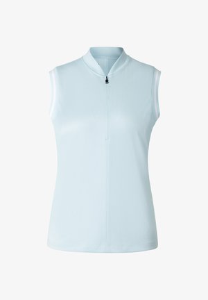 Mouwloze lichtblauwe top met een kleine ritssluiting aan de voorkant en een opstaande kraag, ontworpen voor casual of sportief gebruik.