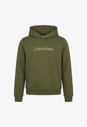 Felpa con cappuccio verde oliva in misto cotone. Presenta una tasca a marsupio frontale e il logo "Calvin Klein" stampato in beige chiaro sul petto.