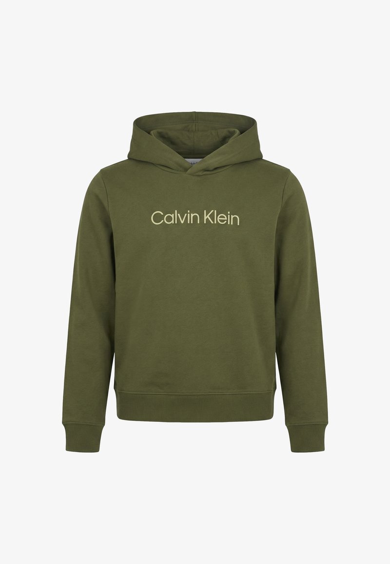 Felpa con cappuccio verde oliva in misto cotone. Presenta una tasca a marsupio frontale e il logo "Calvin Klein" stampato in beige chiaro sul petto.