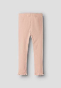 Leggings para toddlers de color rosa claro con canalé, cintura elástica y un acabado de lechuga en los tobillos, sobre un fondo neutro.