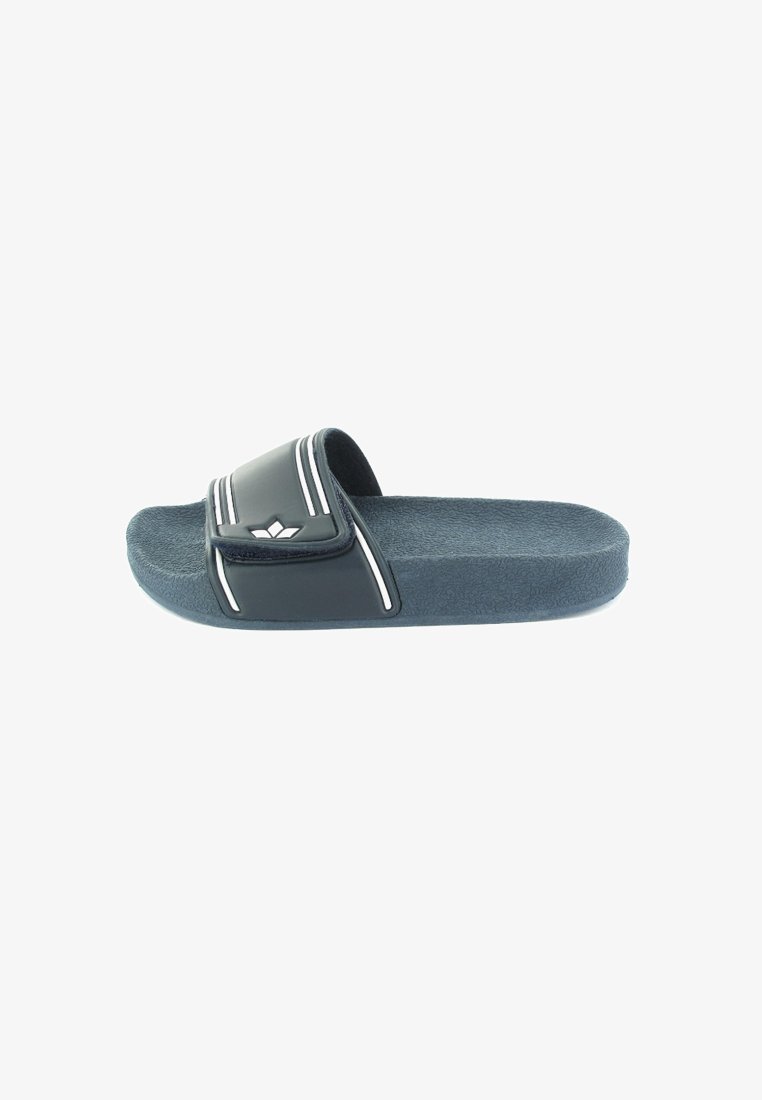 Dark blue slide sandal with a textured footbed, glossy black strap featuring white stripes and logo detail. Soft material for comfort.