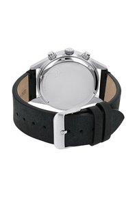 Schwarze Lederarmbanduhr mit einem polierten Gehäuse aus Edelstahl. Zu den Merkmalen gehören drei Chronographendrücker und eine glatte, strukturierte Oberfläche.