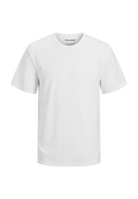 T-shirt en coton blanc avec un col rond, des manches courtes et une coupe décontractée. Présente une étiquette de marque noire imprimée au niveau du col.