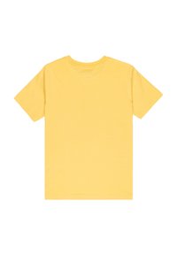 Žluté bavlněné tričko s klasickým kulatým výstřihem a krátkým rukávem, s hladkým povrchem a bez viditelných vzorů či akcentů.