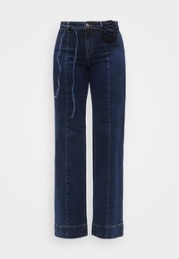 Παντελόνι από τζιν με φαρδύ πόδι σε σκούρο μπλε με υφή, διαθέτει κούμπωμα με κουμπί, θηλιές για ζώνη και διακοσμητικό λουλούδι στη μέση.