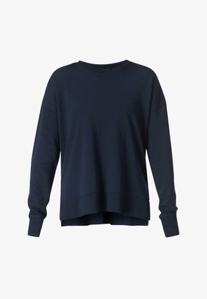 Donkerblauwe sweatshirt met lange mouwen, ronde halslijn, geribbelde manchetten en een iets langere achterkant.