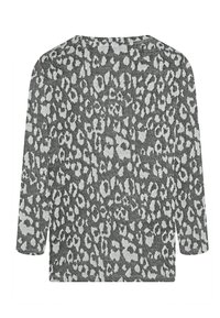 Grauer Pullover mit einem Leopardenmuster in Weiß. Verfügt über lange Ärmel und einen weiten Ausschnitt. Weicher Stoff mit subtilen tonalen Variationen.