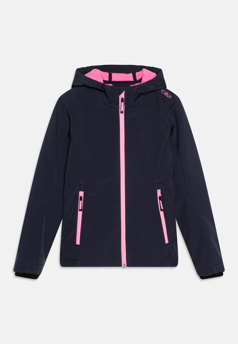 Navy softshell jacket with a pink lining and zippers. Features a hood, two front pockets, and a logo detail on the shoulder.