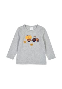 Harmaa pitkähihaisen paidan, jossa on traktorigrafiikka ja kurpitsa trailerissa. Valmistettu pehmeästä kankaasta, jossa on pyöreä kaula-aukko ja rento istuvuus.
