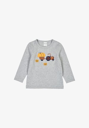 Grijze longsleeve shirt met een tractorafbeelding en een pompoen in een aanhanger. Gemaakt van zachte stof met een ronde hals en een ontspannen pasvorm.
