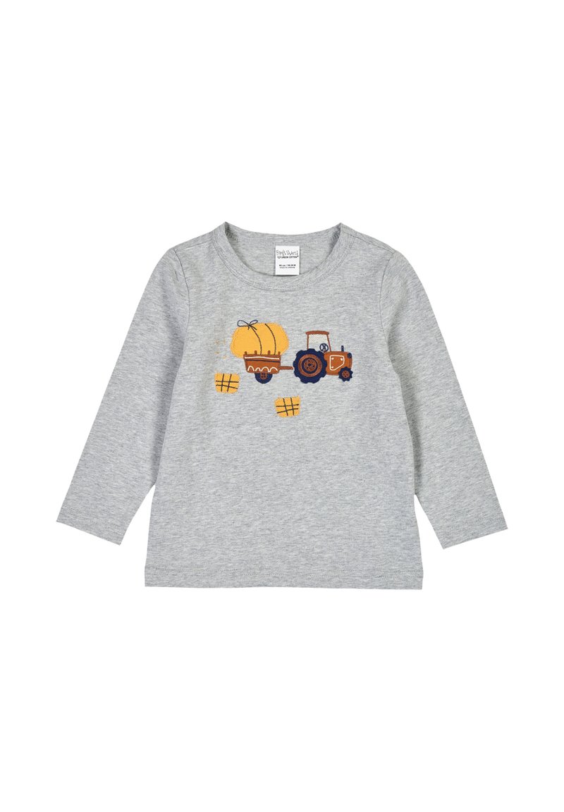 Graues Langarmshirt mit einem Traktor-Graphic, der einen Kürbis in einem Anhänger zeigt. Hergestellt aus weichem Stoff, mit Rundhalsausschnitt und lockerer Passform.