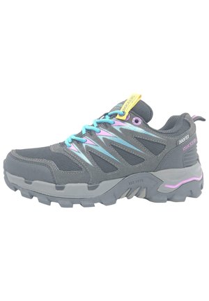 Gray hiking shoes with mesh upper, turquoise laces, colorful accents, rugged outsole, and reinforced heel. Dockers brand label visible.
