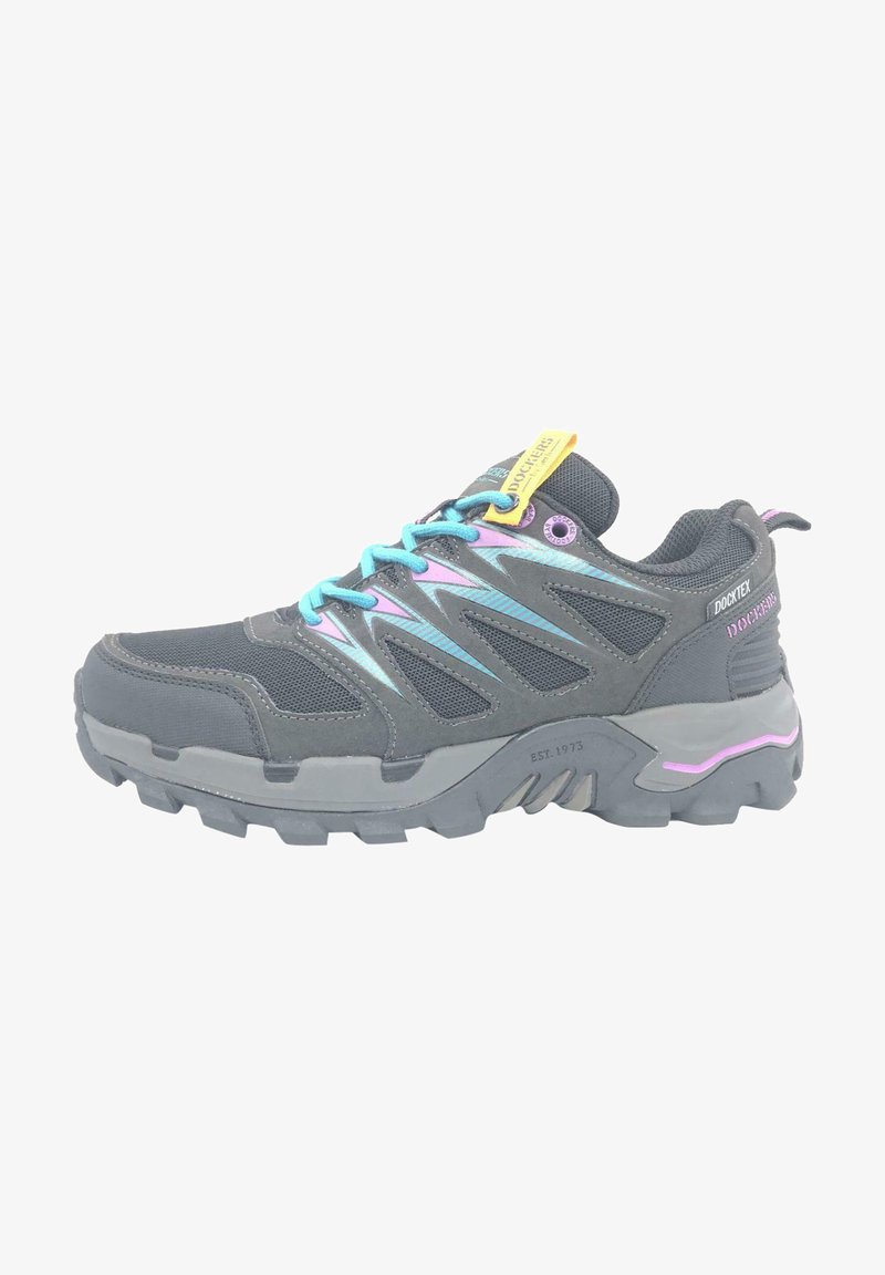 Graue Wanderschuhe mit Mesh-Obermaterial, türkisfarbenen Schnürsenkeln, bunten Akzenten, robuster Sohle und verstärktem Absatz. Dockers-Logou sichtbar.