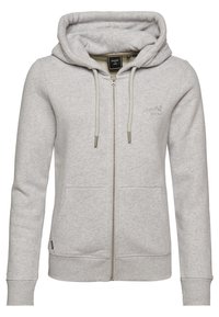 Sudadera con cremallera de color gris claro, fabricada en un tejido suave. Presenta una capucha, bolsillos frontales y puños. Incluye bordado del logotipo en el pecho.