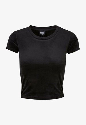 Crop top noir à manches courtes en tissu doux et velouté. Il présente un col rond classique et un design simple sans motifs ni accents.