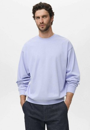 Hellblauer Pullover aus weichem Stoff, mit rundem Halsausschnitt und langen Ärmeln. Kombiniert mit dunklen Hosen für einen Kontrast.