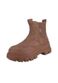Hnědé semišové kotníkové boty s robustní podrážkou, elastickými bočními panely a poutky pro snadné obutí. Hladká textura s odolným designem.
