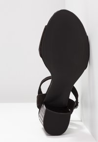 Sandale noire à talon avec talon bloc texturé, bride ajustable et semelle lisse, photographiée par le dessous sur un fond blanc.