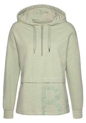 Hellgrüner Kapuzenpullover mit Halbzipper, elastischen Bündchen, cropped Design und einem großen aufgedruckten Buchstaben 'B' auf der Vorderseite.
