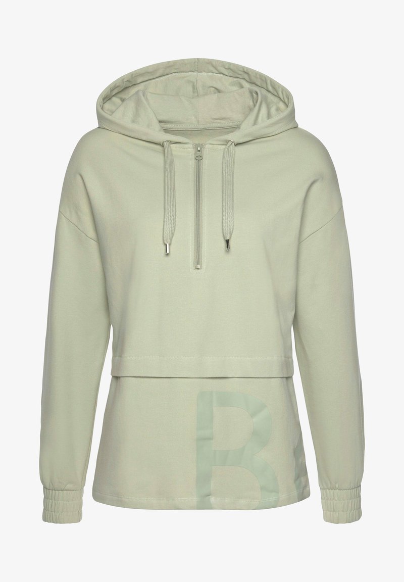 Hellgrüner Kapuzenpullover mit Halbzipper, elastischen Bündchen, cropped Design und einem großen aufgedruckten Buchstaben 'B' auf der Vorderseite.