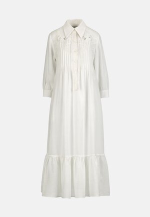 Langes weißes Kleid mit Spitzendetails auf der Brust, frontaler Knopfleiste, langen Ärmeln mit Manschetten und gesammeltem Volant-Saum.