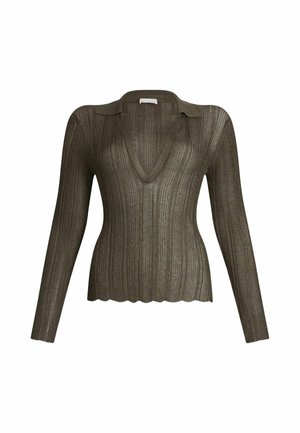 Pull à manches longues en maille côtelée, couleur vert olive, avec un col en V et un ourlet à volants. Présente un design structuré et un matériau légèrement texturé.