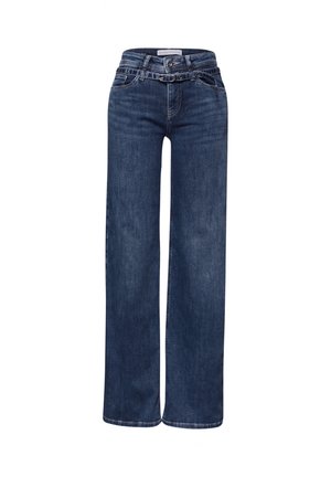 Jean large bleu foncé à taille haute, avec passants pour ceinture, poches avant, et fermeture par bouton et zip, présenté sur un fond blanc.