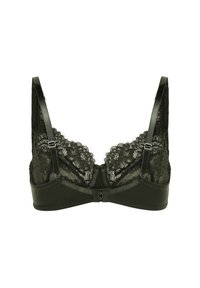 Soutien-gorge en dentelle vert foncé avec bretelles réglables et fermeture à crochets à l'avant, présentant des bonnets en dentelle florale et une bande en tissu lisse.