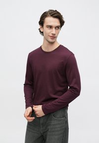 Särav lillaka värvusega, pika varrukaga, ümmarguse kaelusega särk, millel on sile tekstuur ja keha järgnev lõige, kombineeritud hallide teksadega.