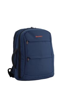 Mochila de color azul marino, fabricada con un material duradero, con dos bolsillos frontales con cremallera, respaldo acolchado y correas ajustables. Presenta el logo "Discovery".