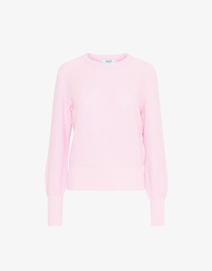 Lichtroze gebreide trui met een textuur patroon, ronde halslijn en lange mouwen. Ribbels aan de onderkant en manchetten geven structuur aan het ontwerp.