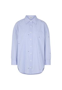 Himmelblaues Hemd mit Knopfleiste, lange Ärmel, gestreiftes Design, Brusttasche, bestickte Details, abgerundeter Saum, Baumwollmischgewebe.