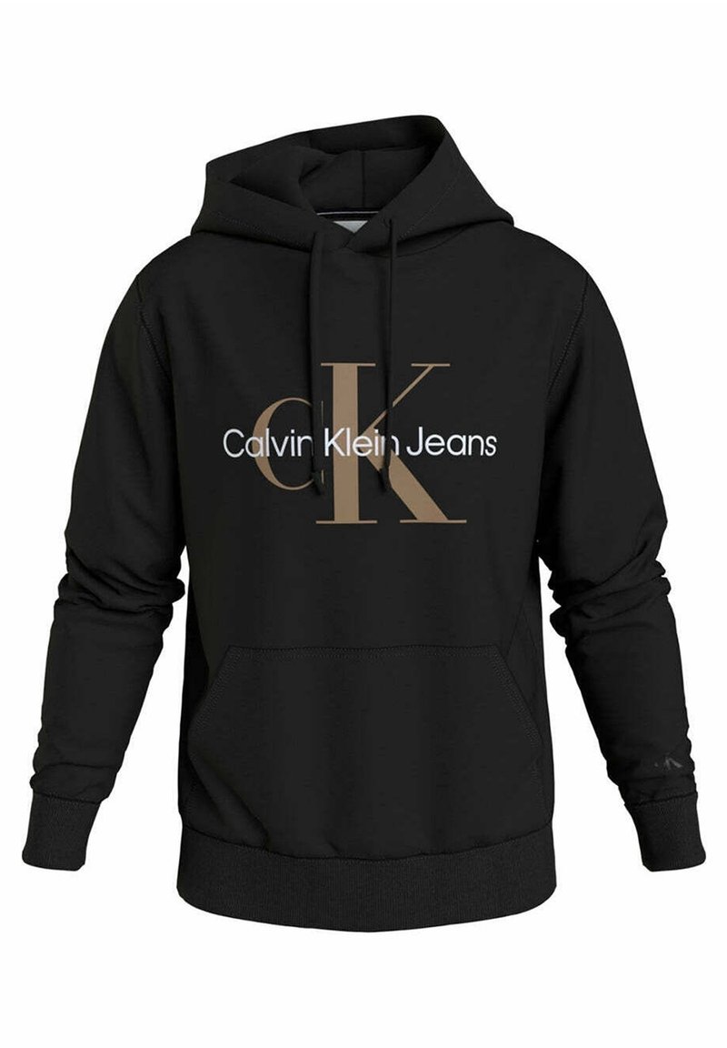 Sweat à capuche noir avec grand logo "CK" beige et texte blanc "Calvin Klein Jeans" sur la poitrine, avec poche kangourou avant et cordons de serrage.