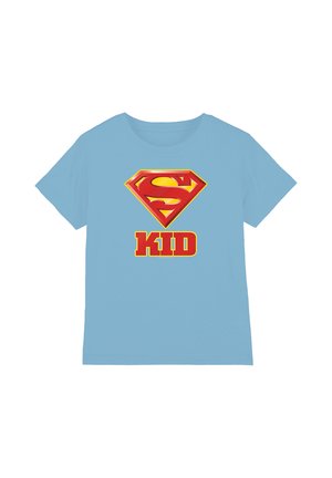 Light blue child’s T-shirt with a red and yellow Superman-style emblem and the word "KID" below the emblem.